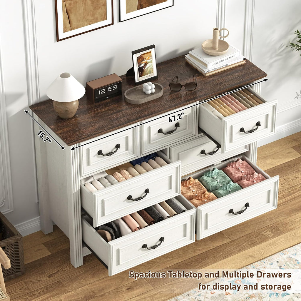 chartustriable Farmhouse 7 Drawer Dresser for Bedroom, 47' Wood Chest of Drawers with Rustic Handles, Wide Closet Dressers Organizer, Living Room, Hallway, Bedroom Furniture(7 Drawers White)
