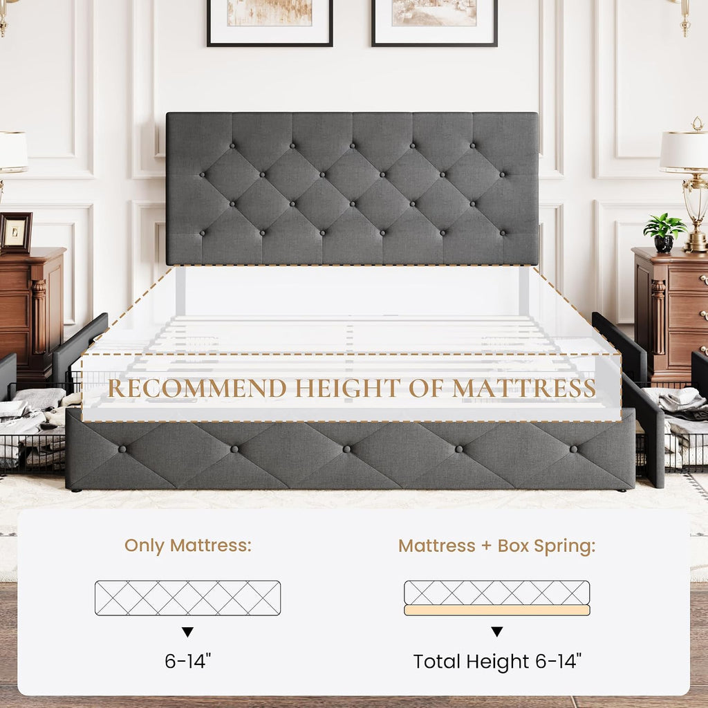 SHA CERLIN Upholstered Full Size Platform Bed Frame with 4 Storage Drawers, Adjustable Headboard with Diamond Stitched Button Tufted Design, Wooden Slat Support, No Box Spring Needed, Dark Grey