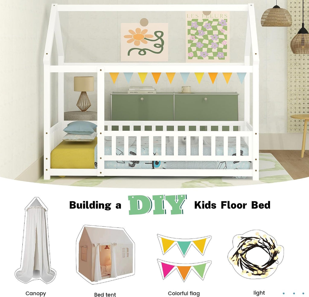 Bellemave Twin Size House Floor Bed,Wooden Montessori Bed with Fence and Roof for Kids,Twin Bed Frame for Boys,Girls(Twin,White)