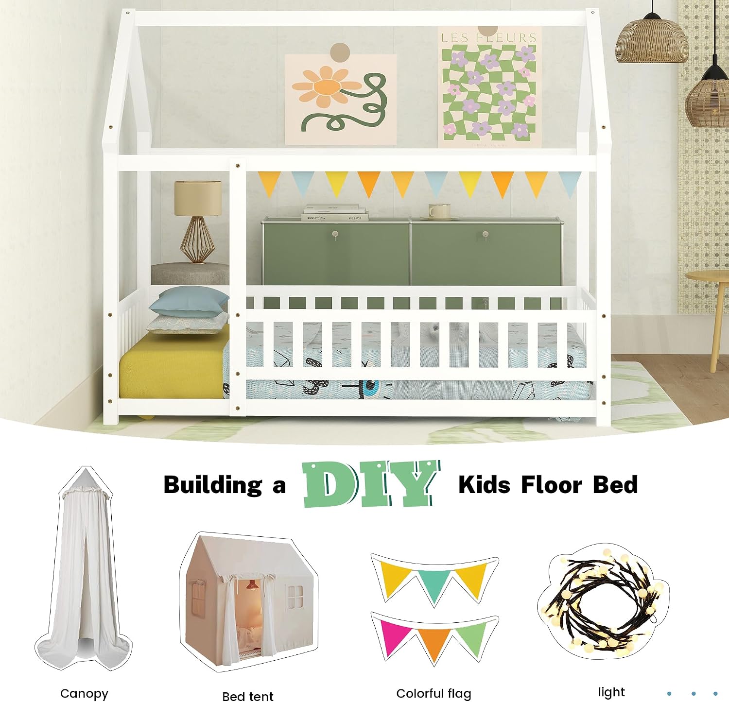 Bellemave Twin Size House Floor Bed,Wooden Montessori Bed with Fence and Roof for Kids,Twin Bed Frame for Boys,Girls(Twin,White)
