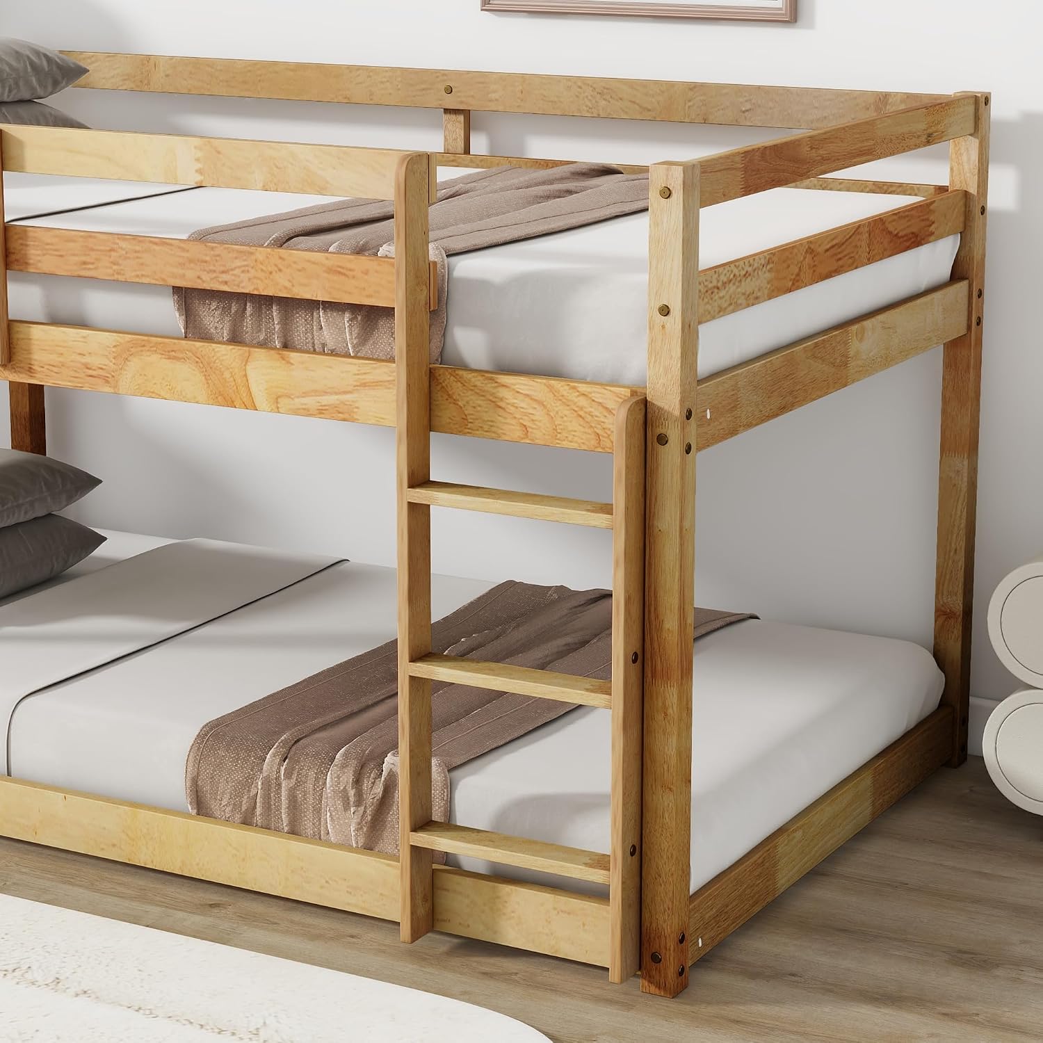 Ball & Cast Twin Over Twin Bunk Bed,Solid Rubber Wooden Low Floor Platform Bed with Ladder and Full Length Guardrail,Slat Support,Bedroom Furniture for Girls Boys,Natural