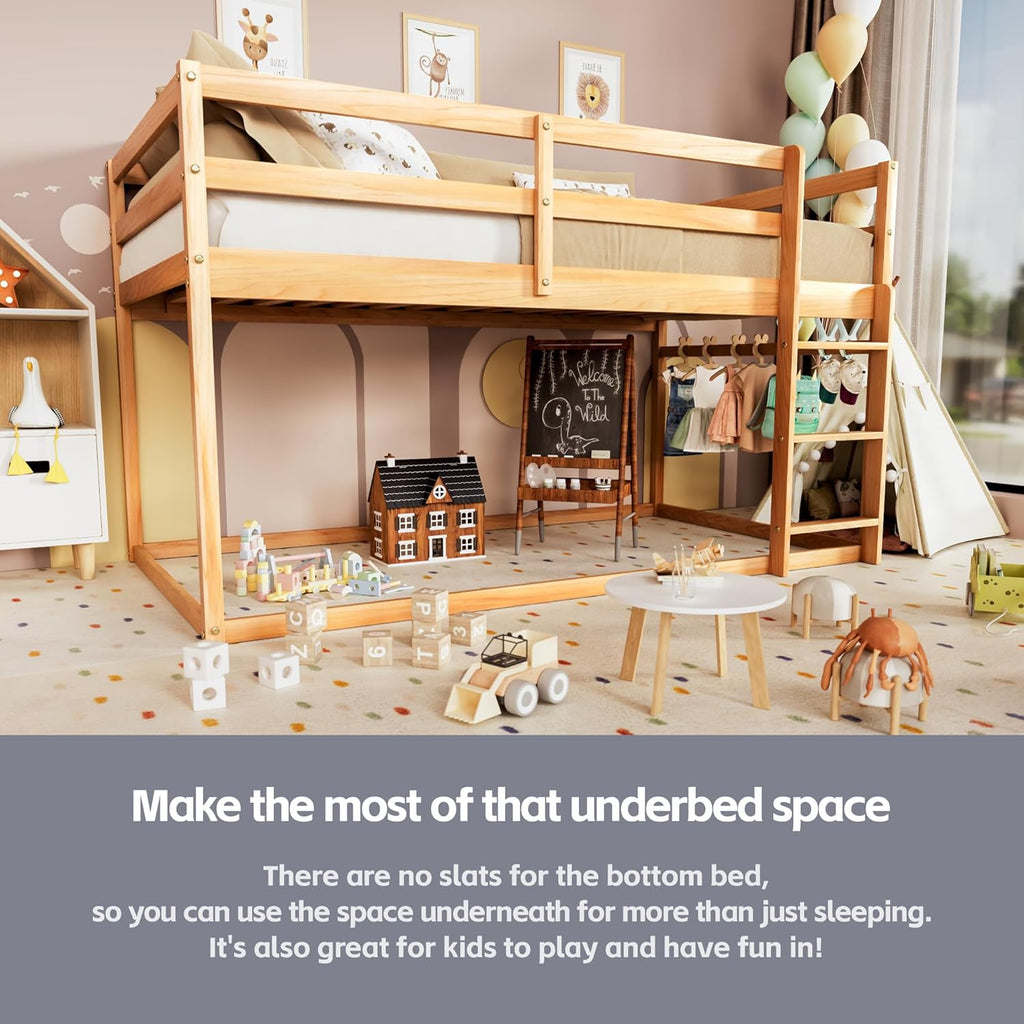 TOLEAD Low Bunk Bed Twin Over Twin, Floor Bunk Bed with Ladder, Twin Bunk Bed with Full Guardrails, Wooden Bunk Bed for Juniors, Boys, Girls, Kids, Bedrooms (Natural)