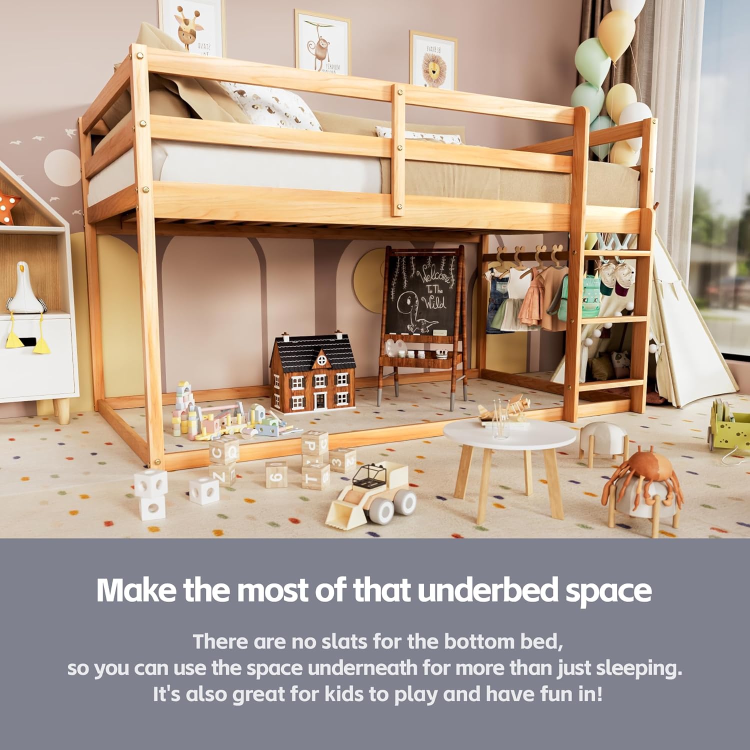 TOLEAD Low Bunk Bed Twin Over Twin, Floor Bunk Bed with Ladder, Twin Bunk Bed with Full Guardrails, Wooden Bunk Bed for Juniors, Boys, Girls, Kids, Bedrooms (Natural)
