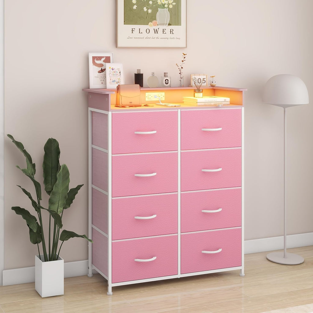 Pink Dresser for Bedroom with Charing Station Dressers with LED Lights Tall Dresser with 8 Drawers Storage Tower for Closet Living Room Hallway Entryway Sturdy Steel Frame Wood Top