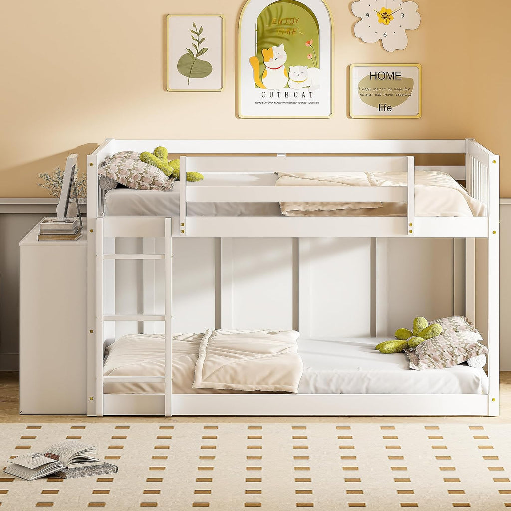 DNYN Full Over Full Bunk Bed with Storage Shelves & 4 Drawers for Kids Bedroom,Wooden Bedframe w/Ladder & Safety Guardrails,Super Save Space & No Box Spring Needed, White