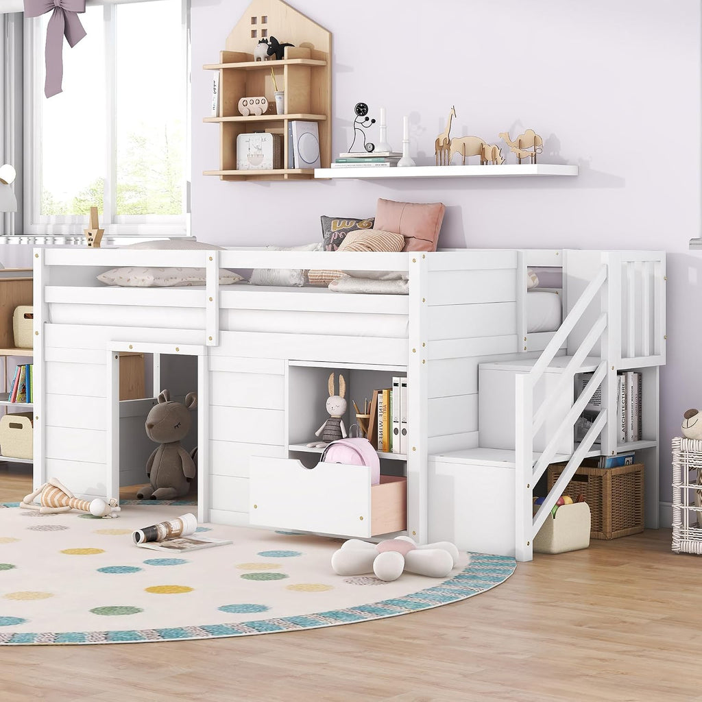 JIVOIT Twin Size Loft Bed with Bookshelf and Storage Drawer, Storage Staircase and Window Design, Wooden Low Loft Bed Frame with Full-Length Guardrail for Kids Teens (White, Bookshelf+Drawer 7)