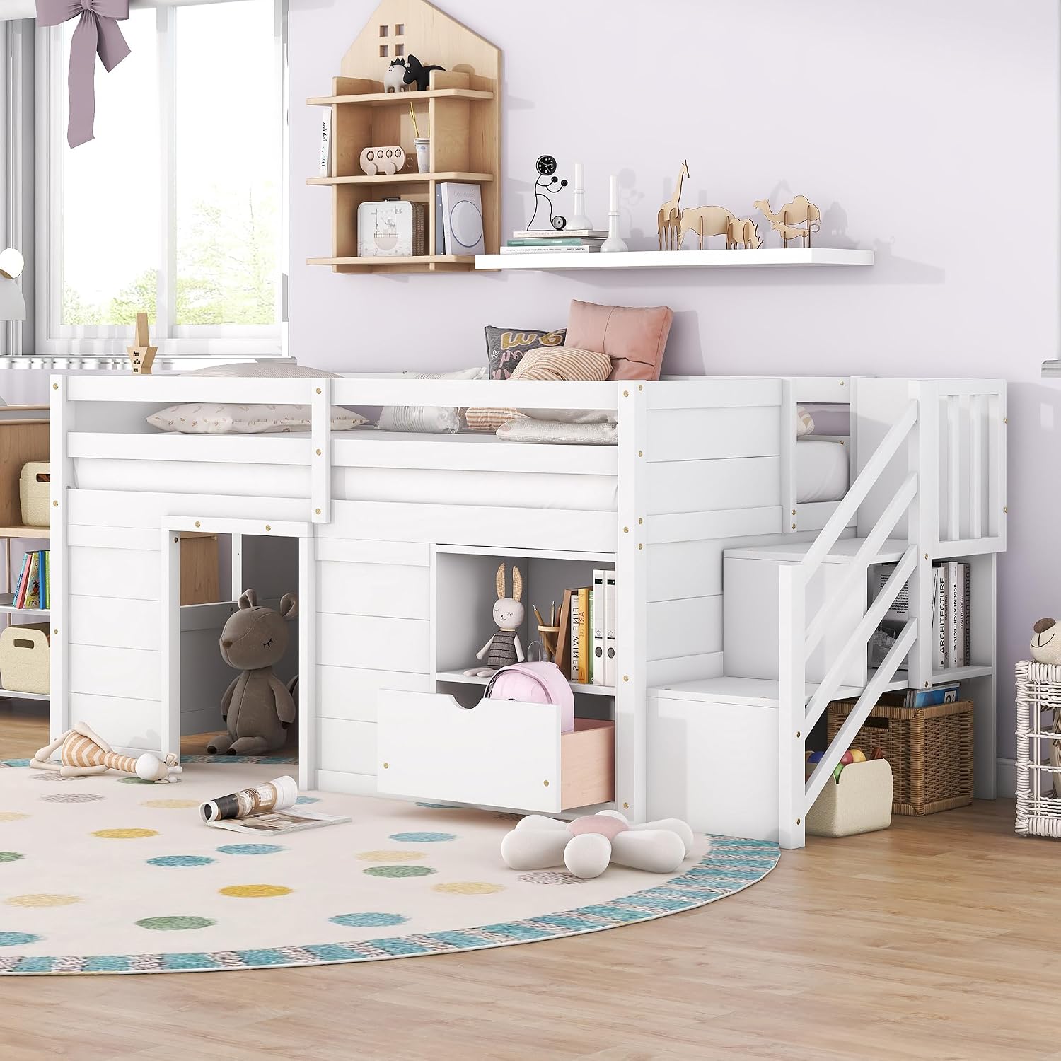 JIVOIT Twin Size Loft Bed with Bookshelf and Storage Drawer, Storage Staircase and Window Design, Wooden Low Loft Bed Frame with Full-Length Guardrail for Kids Teens (White, Bookshelf+Drawer 7)