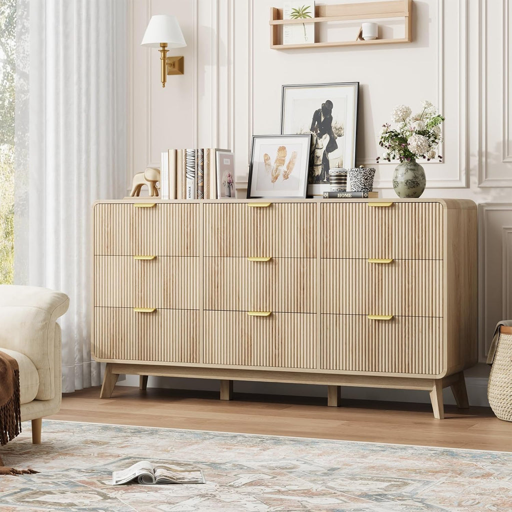 QUW Fluted 59.1' Wide Modern Dresser for Bedroom with 9 Drawers, Tall Chest of Drawers with Metal Handle, Wooden Dresser TV Stand, Hallway, Living Room, Natural Oak