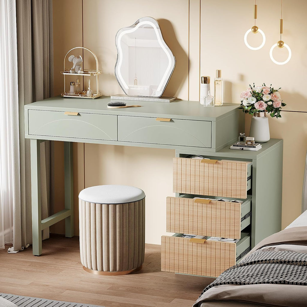 Tribesigns Makeup Vanity Desk with 5 Drawers, Modern Small Dressing Desk with Storage, Wood Make Up Table for Bedroom, Narrow Space (Without Mirror), Mint Green