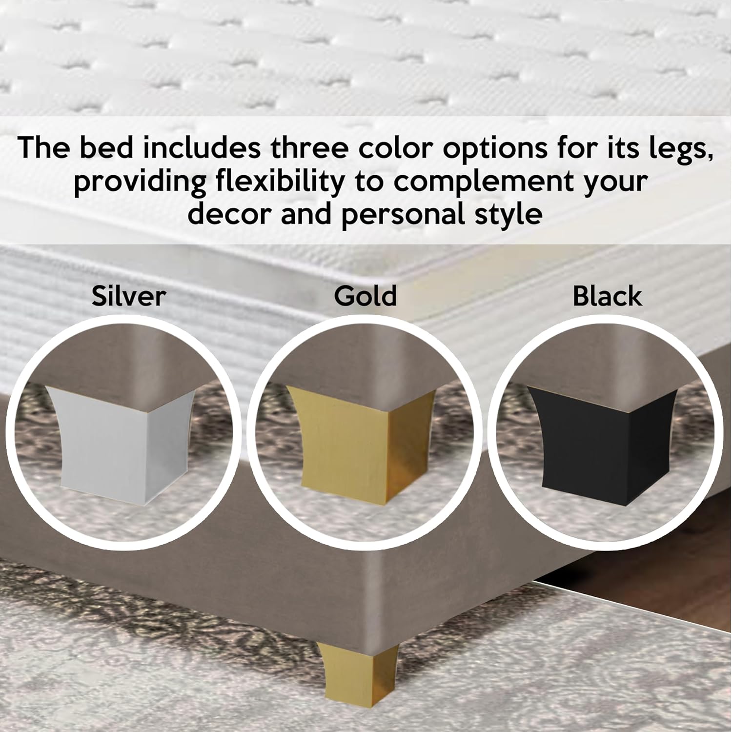 Greaton, Vinyl Upholstered Bed Frame, Decorative Attractive Headboard, Long Lasting Durable, Includes 3 Color Legs to Choose Gold, Silver and Black,Queen, White