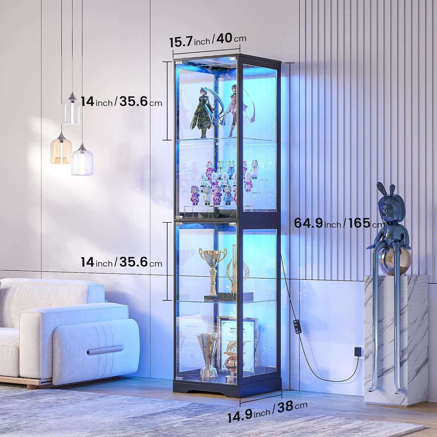 Glass Display Cabinet with Doors, 65' Tall 4-Tier Curio Display Case with 3 Color Lights and Human Body Sensor, Bookcase for Collectibles, Black