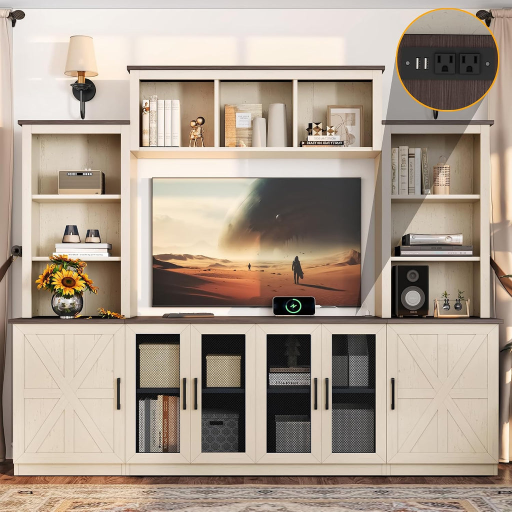 Entertainment Center Wall Unit with Storage for TVs Up to 55', Farmhouse TV Stand with Bookcase and Storage Cabinets, TV Stand Media Console for Living Room, Beige