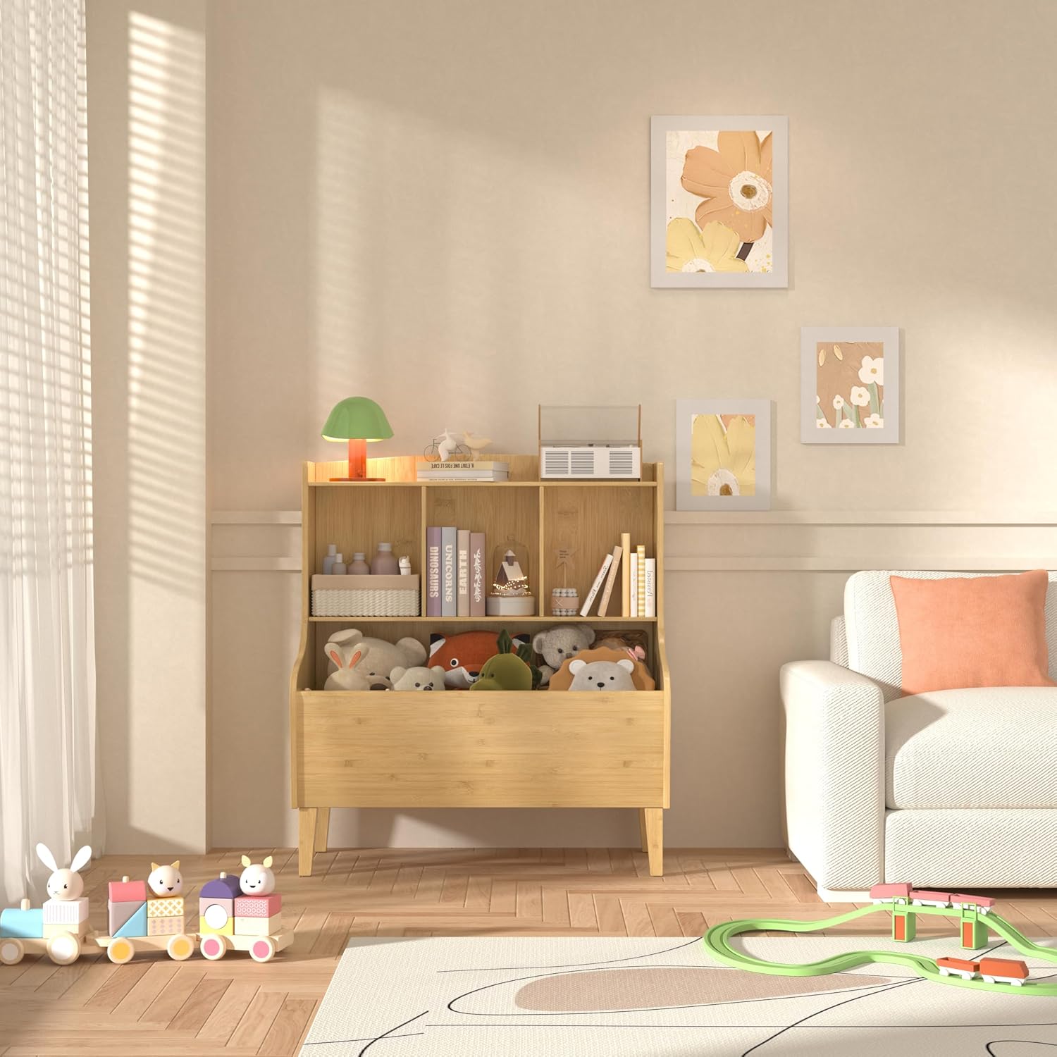 Kids Bookshelf and Toy Storage Organizer，Bamboo Bookcase，Fit for Children's Room, Playroom, Bedroom,Hallway, Kindergarten (Nature)