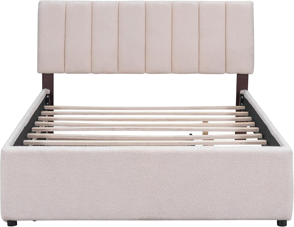 Teddy Fleece Full Size Upholstered Platform Bed Frame for Boys Girls Kids Adults Toddler with Trundle, Beige