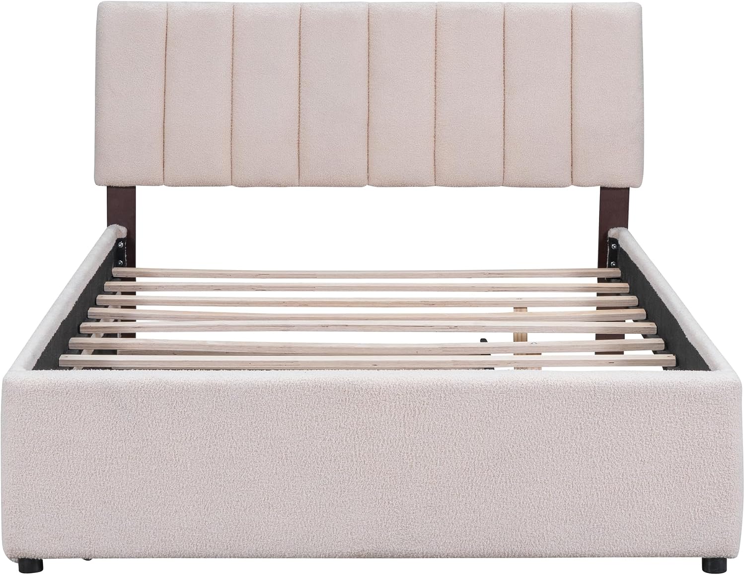 Teddy Fleece Full Size Upholstered Platform Bed Frame for Boys Girls Kids Adults Toddler with Trundle, Beige