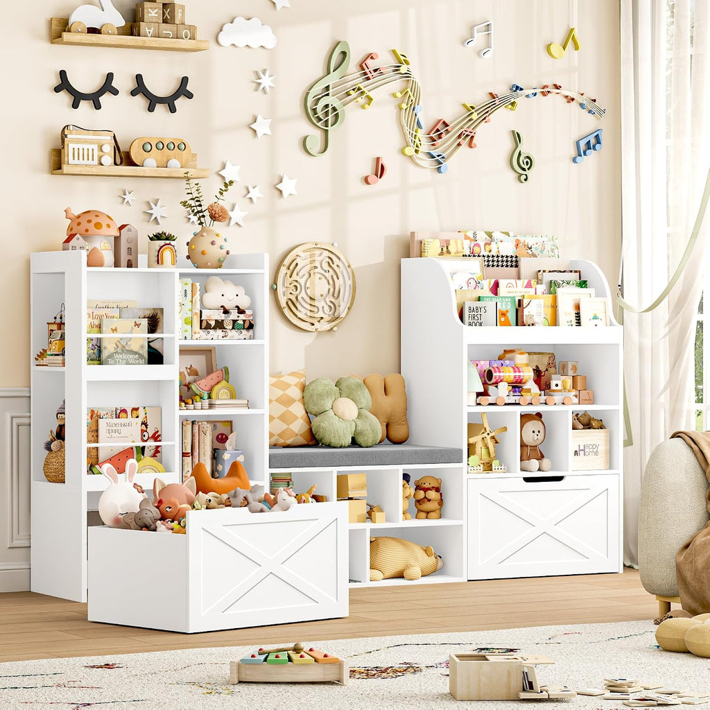 FINETONES 75' W Kids Bookshelf with Reading Nook, Large Toy Storage Toy Organizer with Seat Cushion and 2 Movable Drawers, Kids Reading Nook Kid Bench for Playroom Living Room, White