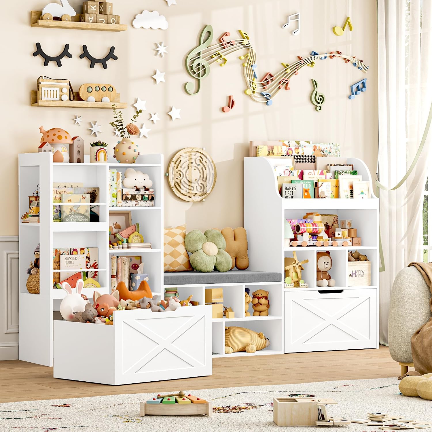 FINETONES 75' W Kids Bookshelf with Reading Nook, Large Toy Storage Toy Organizer with Seat Cushion and 2 Movable Drawers, Kids Reading Nook Kid Bench for Playroom Living Room, White
