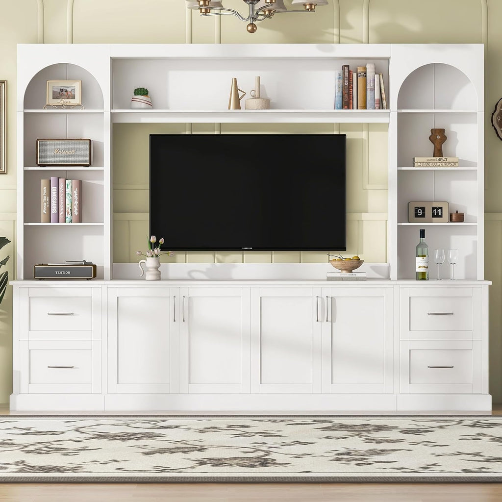Modern Arched Entertainment Center with Bookshelves and Drawers, Farmhouse TV Stand for TVs Up to 65 Inch, All-in-One Console Media Console Unit with Adjustable Shelves & Cable Holes, White