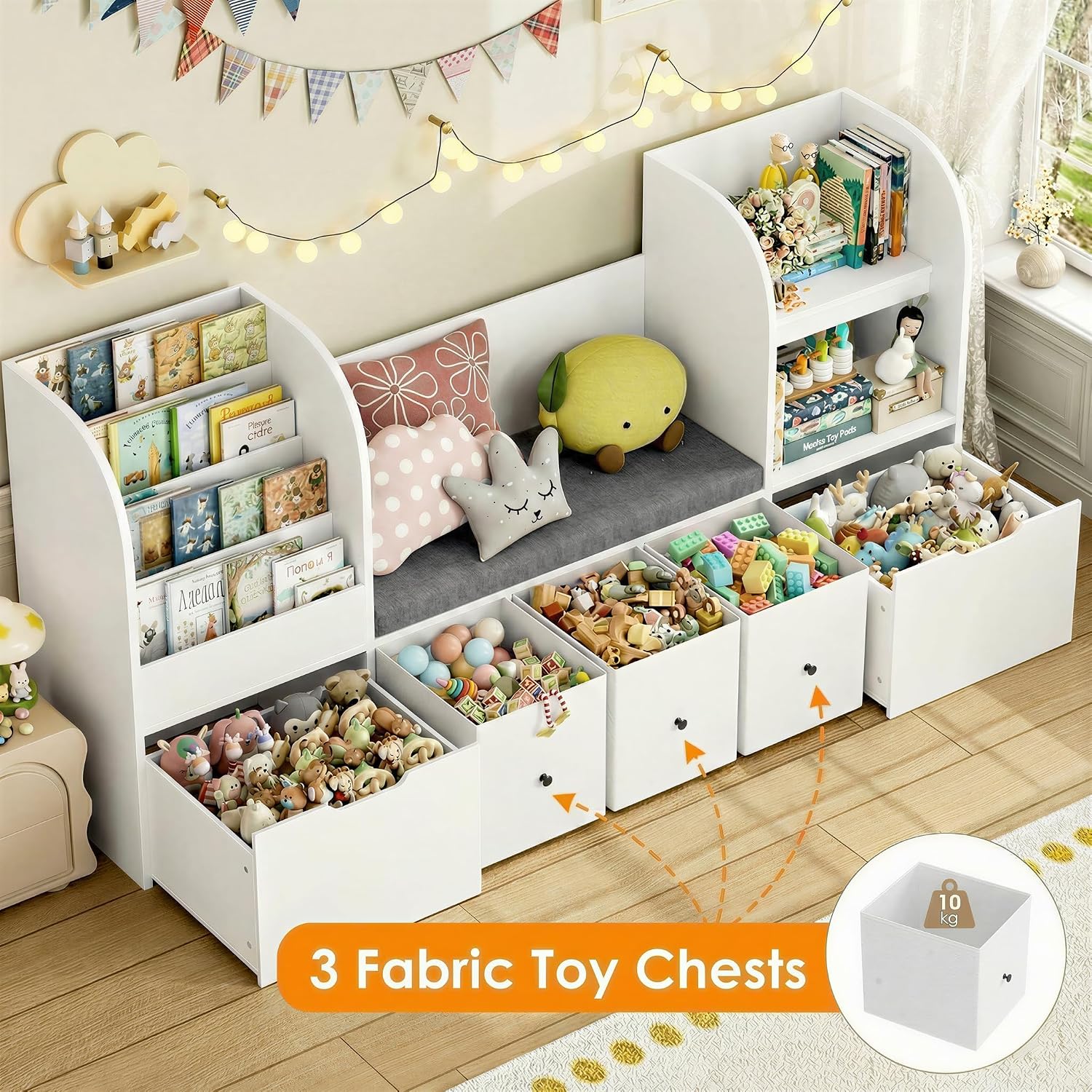 FOTOSOK 71' Toy Organizers and Storage with Seat Cushion, Kids Bookshelf with Reading Nook and 2 Movable Drawers & 3 Fabric Toy Chests, Kids Reading Nook Toy Storage with Bench for Playroom