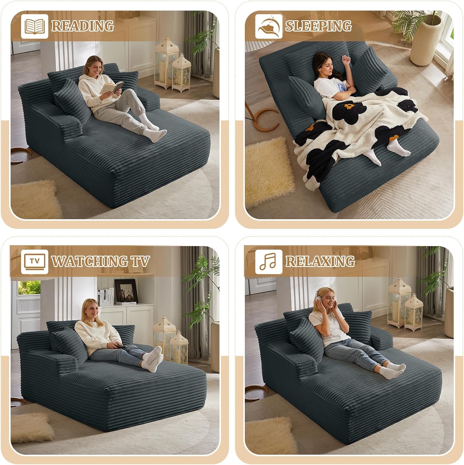 Oversized Chaise Lounge Chair Indoor, 66' Cloud Boneless Sleeper Couch Corduroy Upholstered Sofa Bed Deep Seat Comfy Reading Chair with 3 Pillows for Living Room Bedroom, Dark Grey