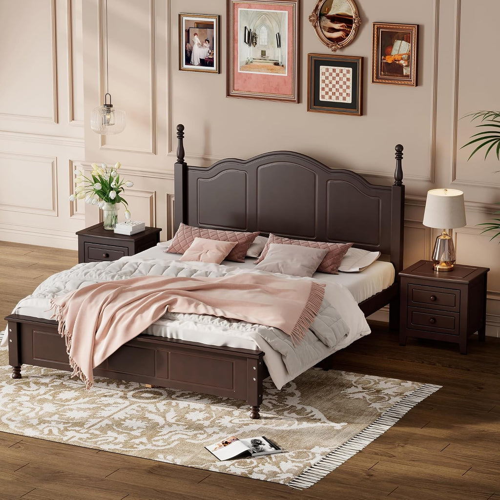 3 Piece Queen Bedroom Set, 3 Pieces Bedroom Sets Queen Size Wood Platform Bed and 2 Nightstands, 3 Piece Wood Bedroom Furniture Set, Dark Walnut