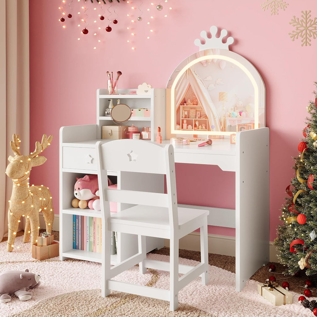Garvee Kids Vanity with Lights, 2 in 1 Princess Makeup Vanity Desk with Open Bookshelf, Storage Cabinet & Shelves for Little Girls