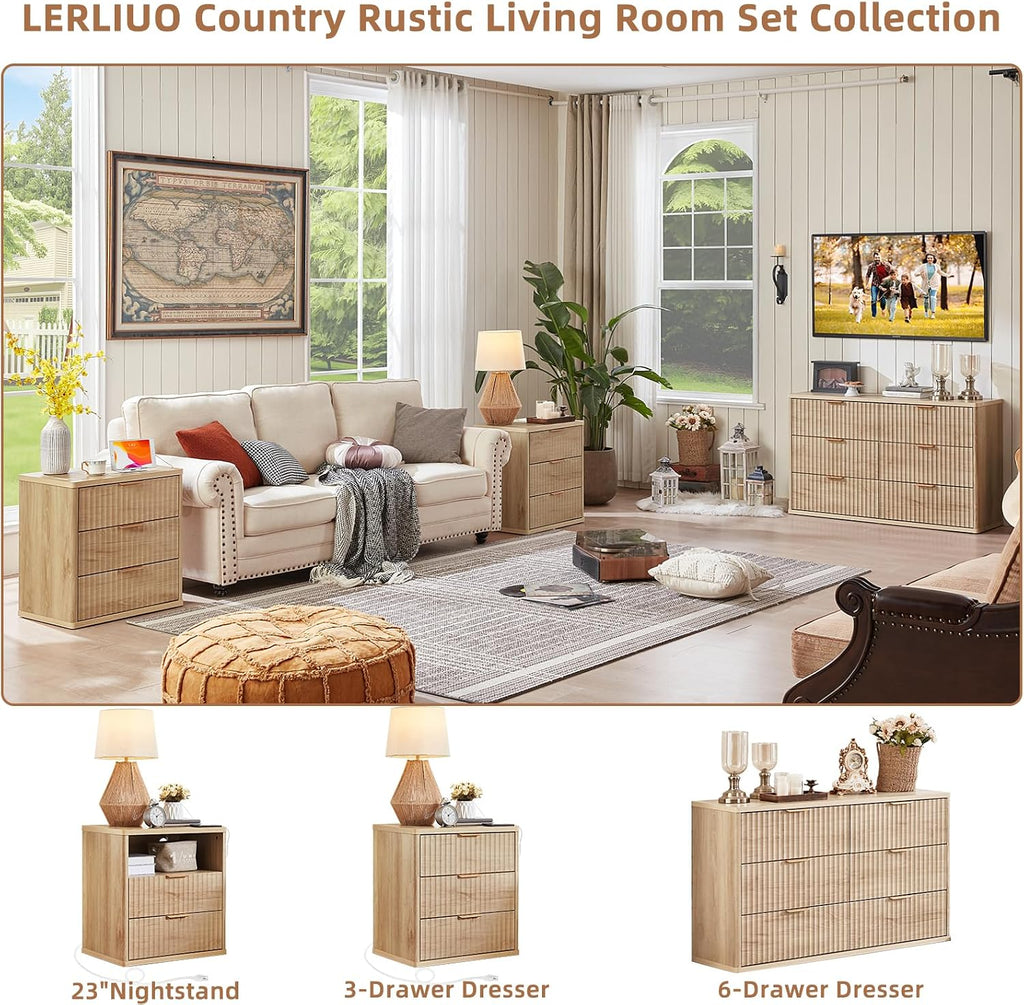 LEYAOYAO 23' Wide Fluted Night Stand with Charging Station, 3 Drawers Large End Table with Storage, Natural Nightstand Wood Bedside Tables, Farmhouse Cabinet Dresser for Bedroom, Closet