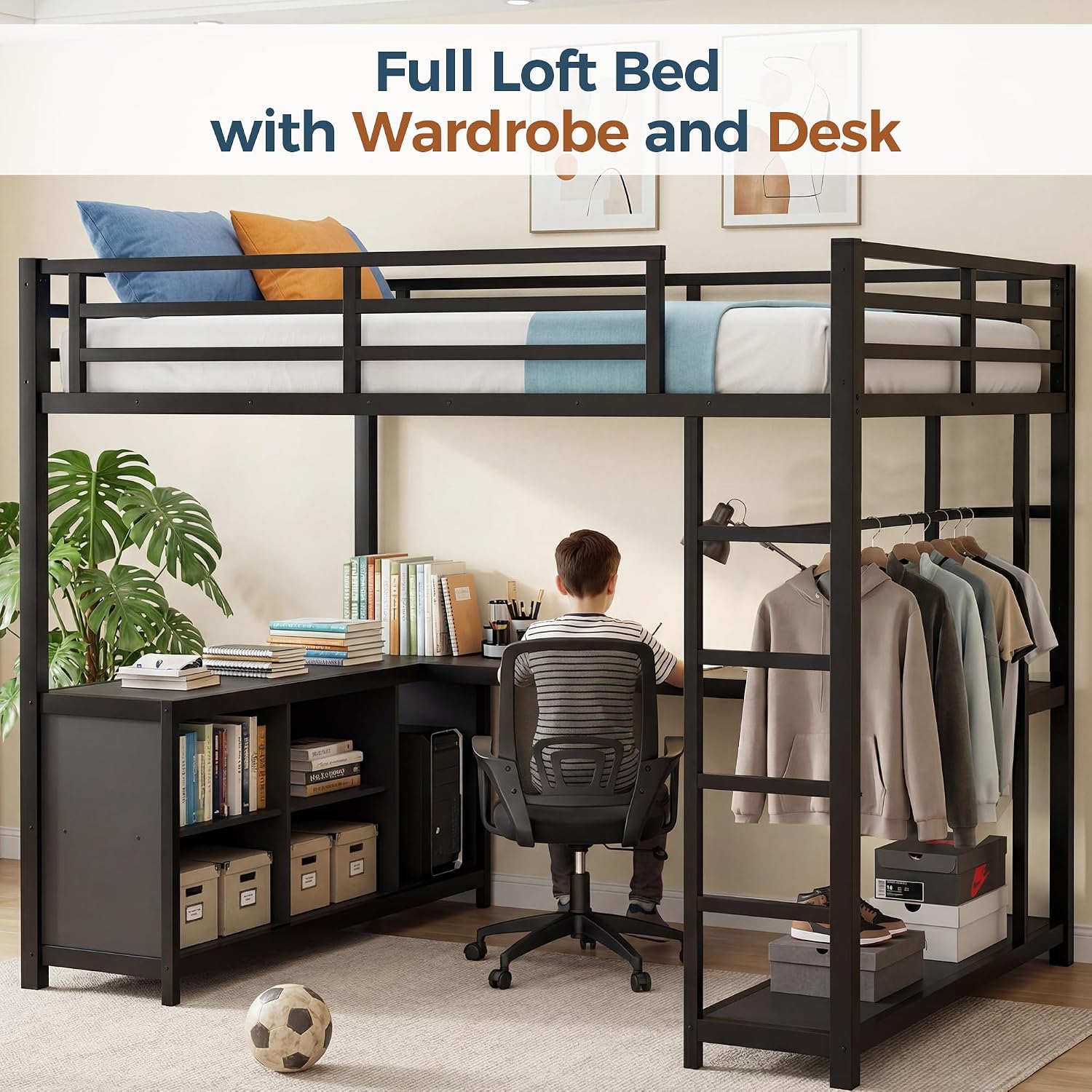 Full Size Loft Bed with Desk and Storage, Metal Loft Bed for Small Spaces,Full Loft Bed Frame for Bedroom,Black