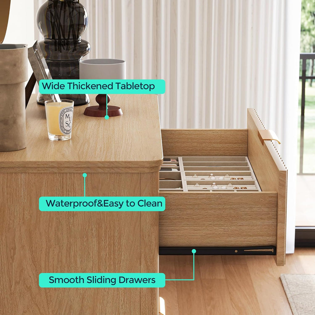 LINSY Fluted 5 Drawer Dresser for Bedroom, 46' Tall Mid-Century Modern Chest of Drawers, Deep Storage Dresser with Curved Corner Design, Large Accent Wood Cabinet for Bedroom, Oak