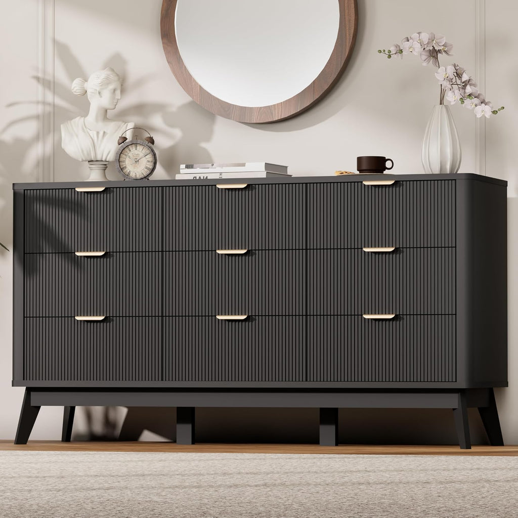 Royal Windsor Fluted 9 Drawers Dresser for Bedroom,59' Wide Wooden Dresser Chest of Drawers,Curved Profile Design,Storage Organizer for Living Room,Hallway,Black