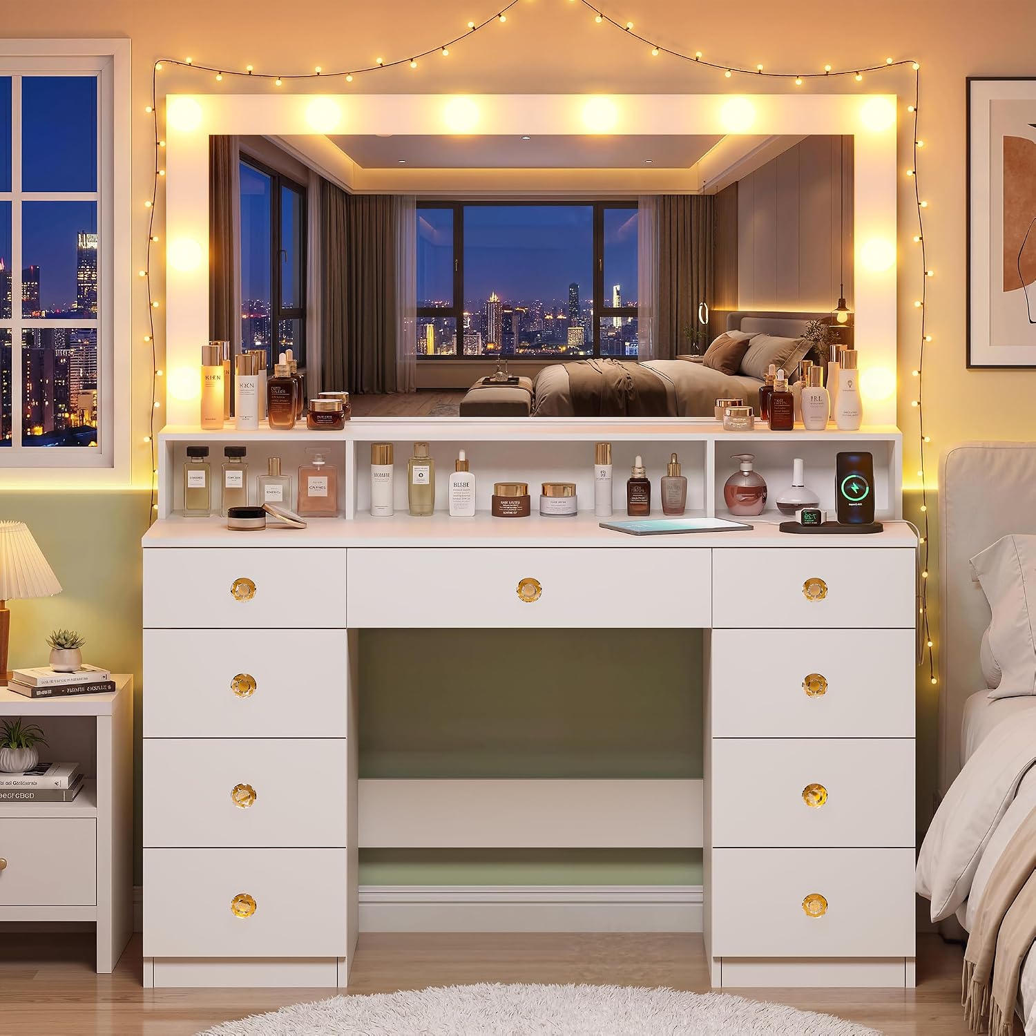 Vanity Desk with Mirror and Lights, Makeup Vanity Table with Power Outlet, 9 Drawers & Storage Shelf, Bedroom Dressing Table Vanity Set for Girls, Women, White (39.3' Large Mirror)