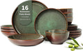 Pokini 16 Piece Double Bowl Dinnerware Sets with Pasta Bowls, Highly Chip and Crack Resistant Plates and Bowls Sets, Natural Earthyware Ceramic Dishware Sets, Service for 4 Sage Green