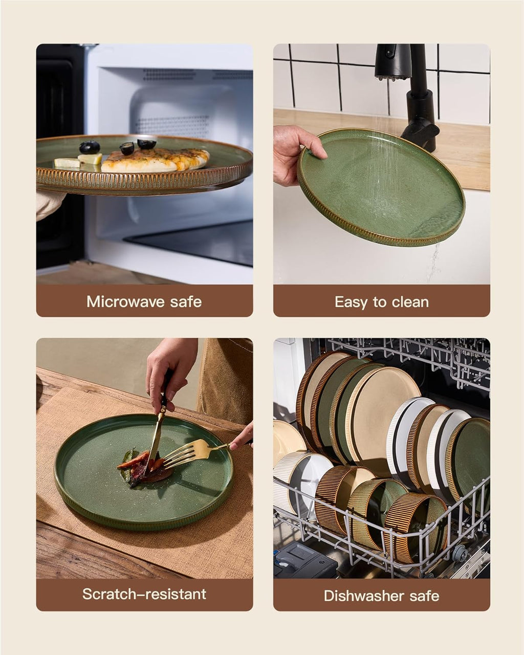Stoneware Plates and Bowls Dishes Sets Service for 6 (18-Piece), Famiware Premium Handcrafted Reactive Glaze Dinnerware Set with Raised Rim, Scratch Resistant, Microwave Dishwasher Safe, Moss
