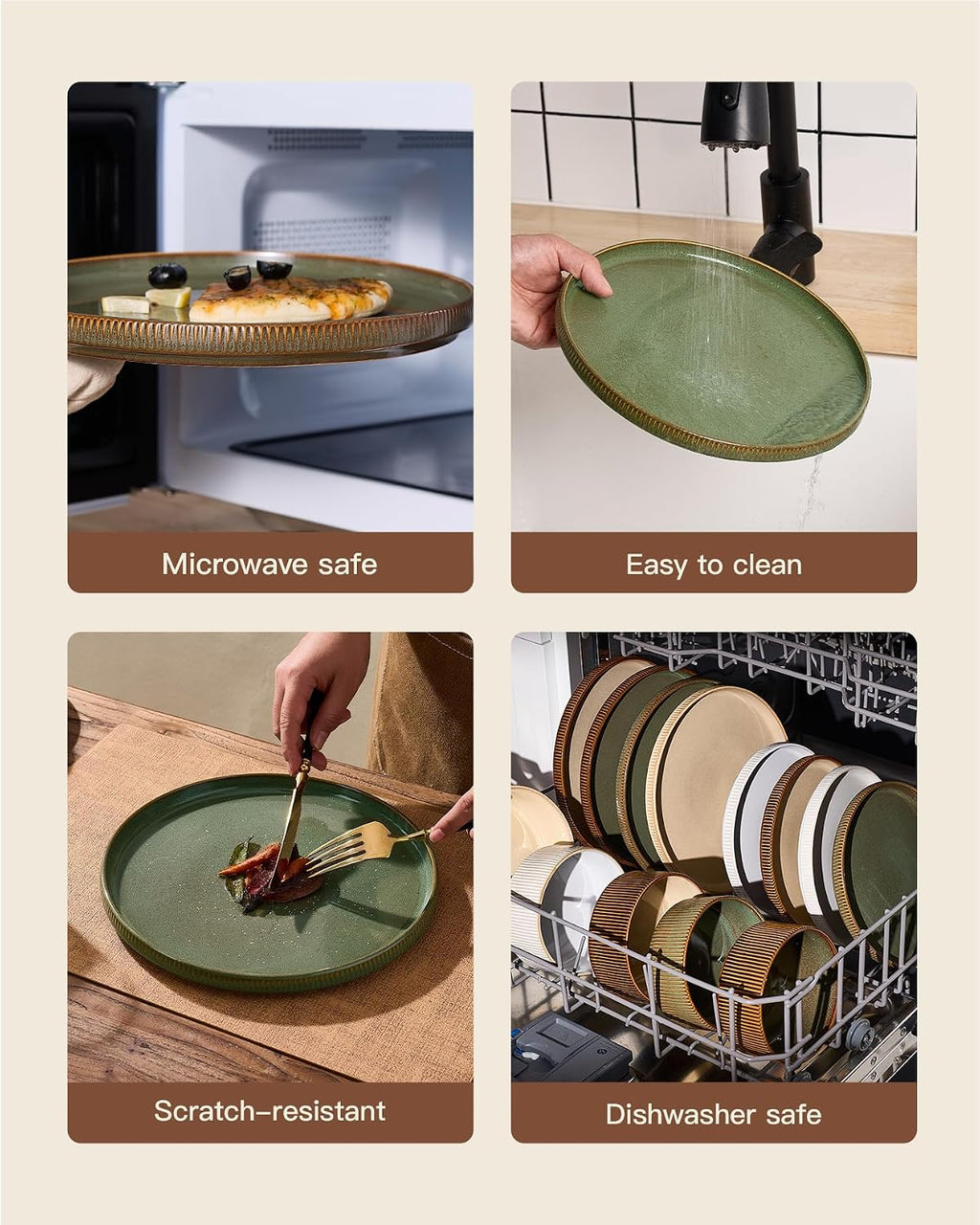 24-Piece Dinnerware Set Service for 8, Famiware Premium Stoneware Dish Set with Ribbed Plates and Deep Bowls, Double Reactive Glaze, Chip & Scratch Resistant, Microwave & Dishwasher Safe, Moss