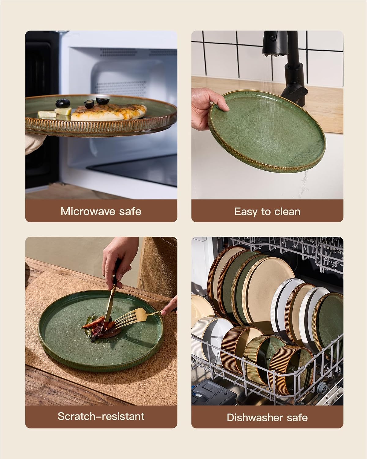 24-Piece Dinnerware Set Service for 8, Famiware Premium Stoneware Dish Set with Ribbed Plates and Deep Bowls, Double Reactive Glaze, Chip & Scratch Resistant, Microwave & Dishwasher Safe, Moss