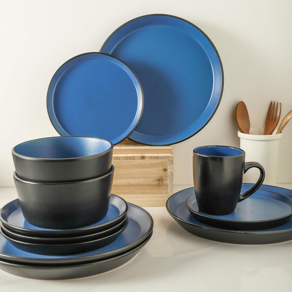 Stone Lain Albie Stoneware 32-Piece Modern Dinnerware Set, Kitchen Plates and Bowls Sets, Service for 8, Blue and Black, Microwave & Dishwasher Safe