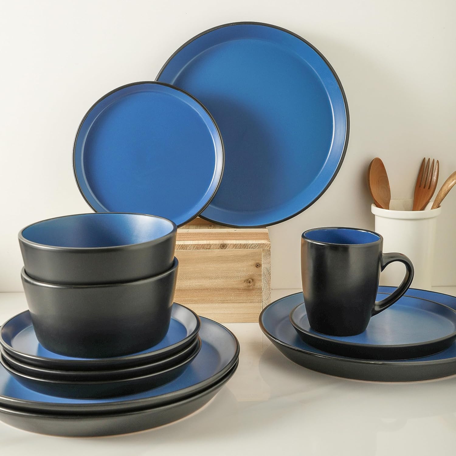 Stone Lain Albie Stoneware 32-Piece Modern Dinnerware Set, Kitchen Plates and Bowls Sets, Service for 8, Blue and Black, Microwave & Dishwasher Safe