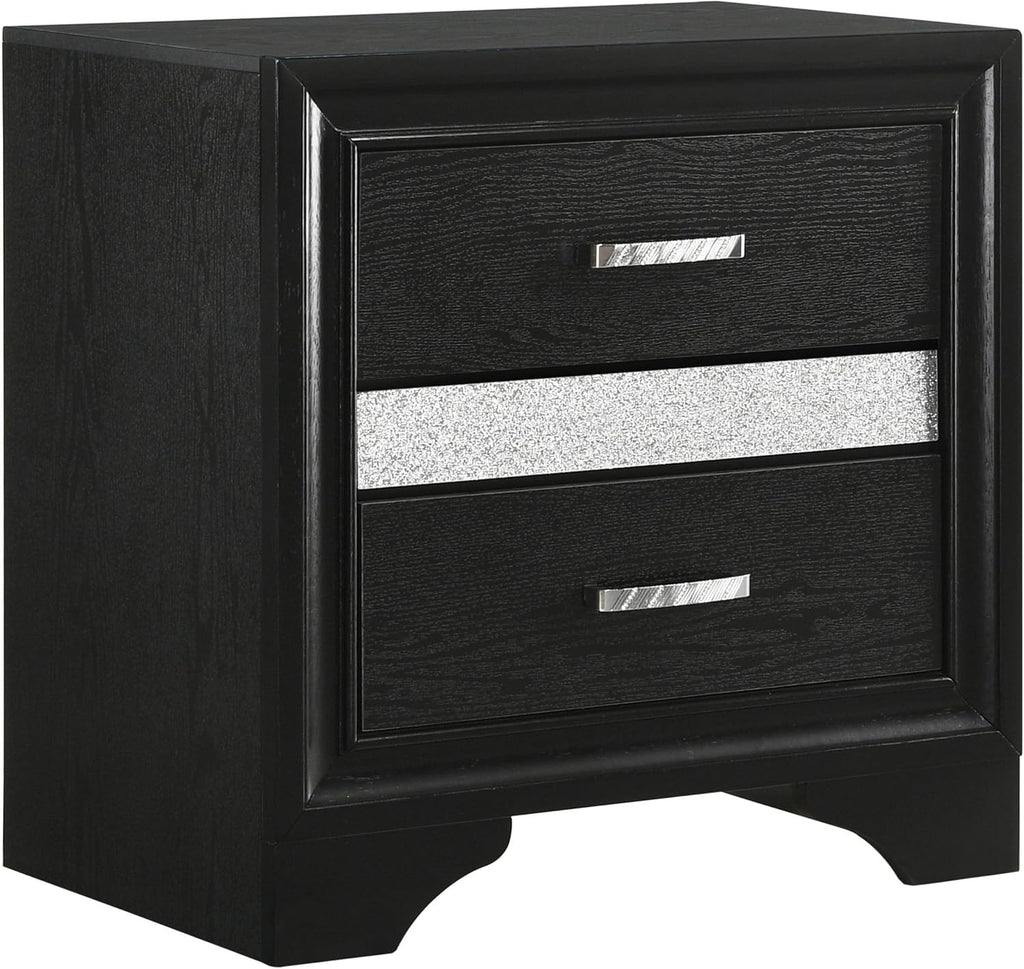 Benjara Vino 4pc Full Bedroom Set- Storage Footboard- Black/Glitter Stripes