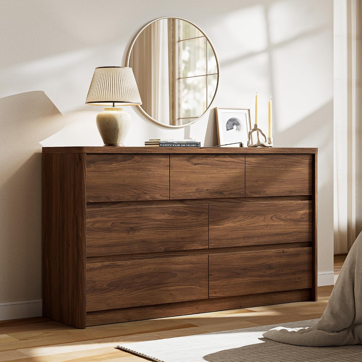 3 Pieces Bedroom Set, 55 Inch Width 7-Drawer Dresser & 2-Drawer Nightstands Set of 2,Nightstand with USB Nightstand with USB&Type C Charging Station&Outlets,Modern Design for Bedroom, Walnut