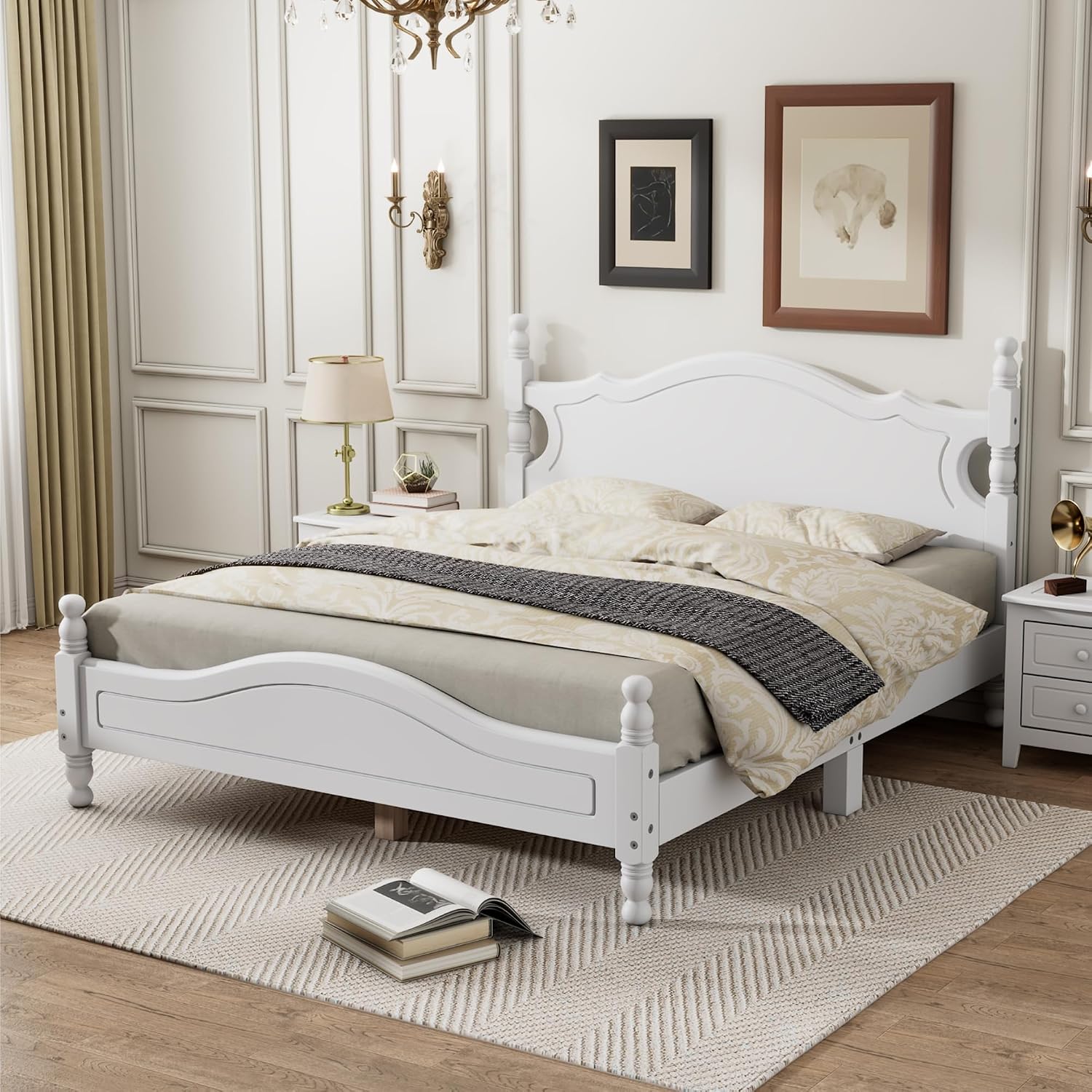 JIVOIT Retro Style Platform Bed with Headboard and Footboard, Queen Size Wood Platform Bed Frame with Wooden Slat Support, Solid Wood Foundation, No Box Spring Required (White,Queen,5)