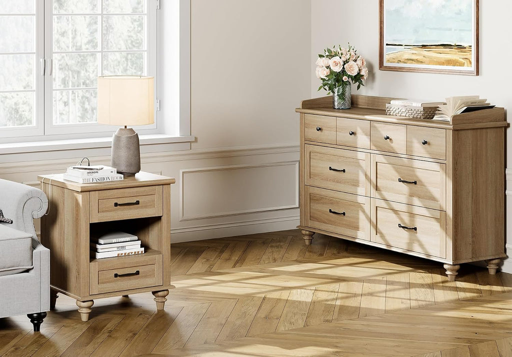 WAMPAT 2 Piece Bedroom Set - Includes 6 Drawer Dresser for Bedroom, Farmhouse Nightstand with Charging Station & Drawers & Cubby, 2 Piece Dresser and Nightstand Sets, Oak