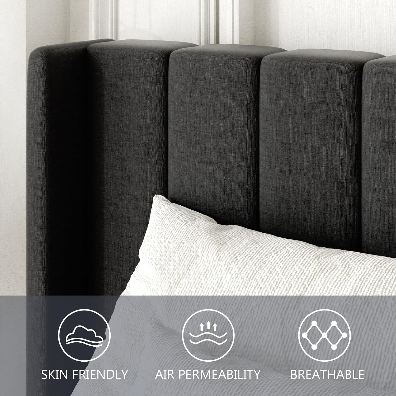 Gruwans King Size Bed Frame with Wingback Headboard, Upholstered Platform Bed, No Box Spring Needed, Sturdy Wooden Slat Support, Easy Assembly, Dark Gray