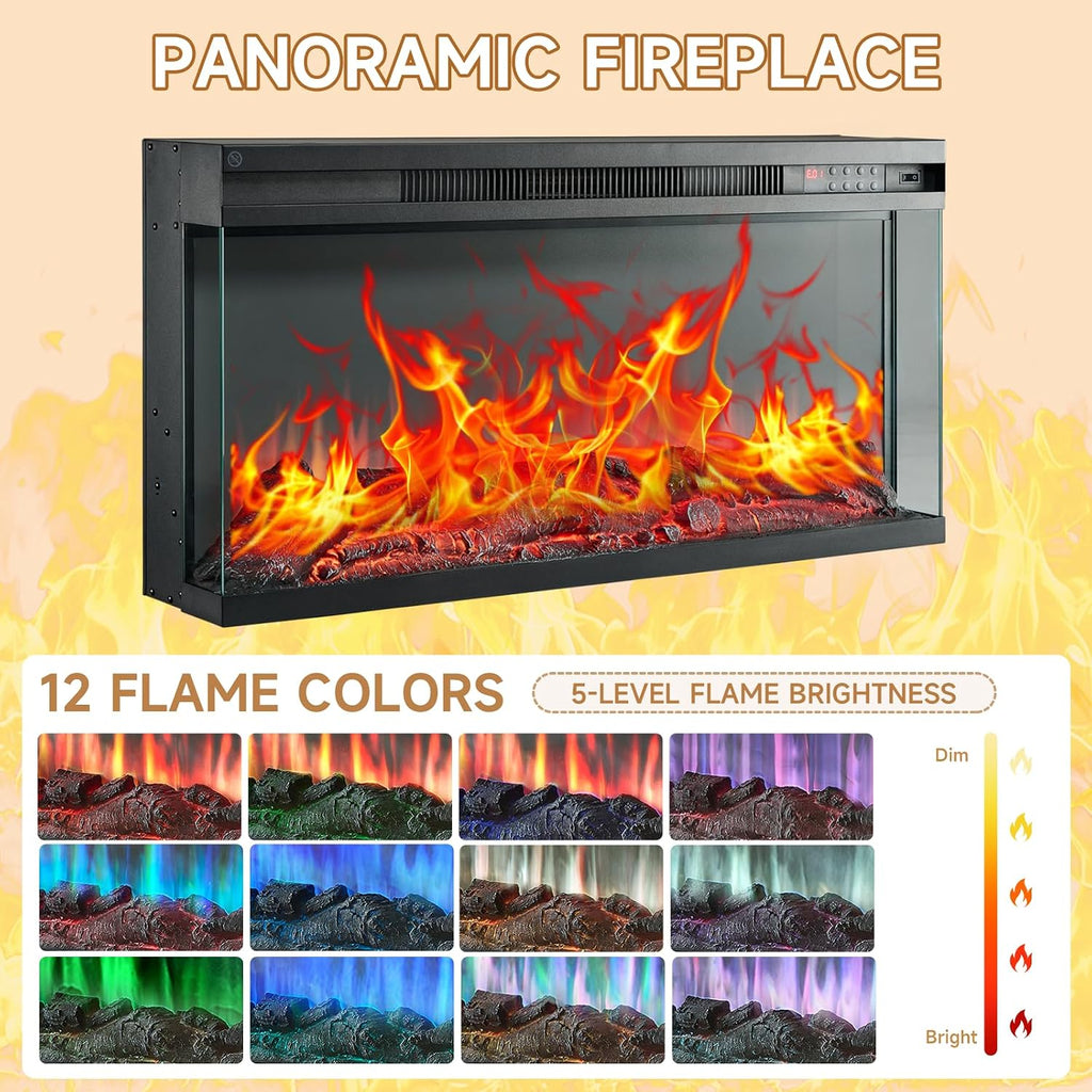 ROCKPOINT 97' Classical Farmhouse Fireplace TV Stand with 3 Sided Glass 36' Electric Fireplace Heater for TVs up to 100',Entertainment Center with Adjustable Shelves and Storage Cabinets,Espresso