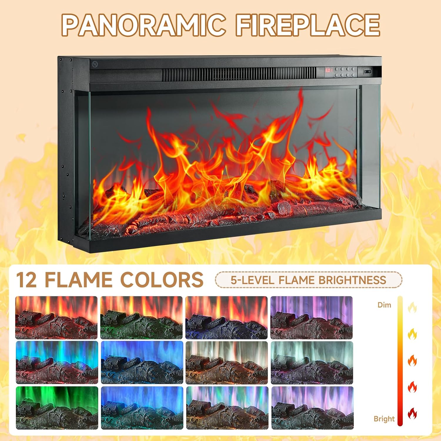ROCKPOINT 97' Classical Farmhouse Fireplace TV Stand with 3 Sided Glass 36' Electric Fireplace Heater for TVs up to 100',Entertainment Center with Adjustable Shelves and Storage Cabinets,Espresso