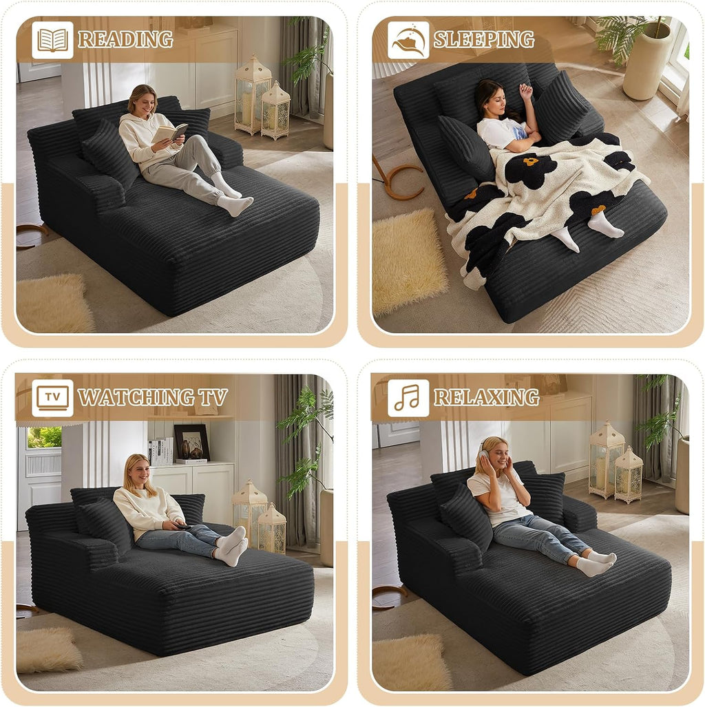 Oversized Chaise Lounge Chair Indoor, 66' Cloud Boneless Sleeper Couch Corduroy Upholstered Sofa Bed Deep Seat Comfy Reading Chair with 3 Pillows for Living Room Bedroom, Black