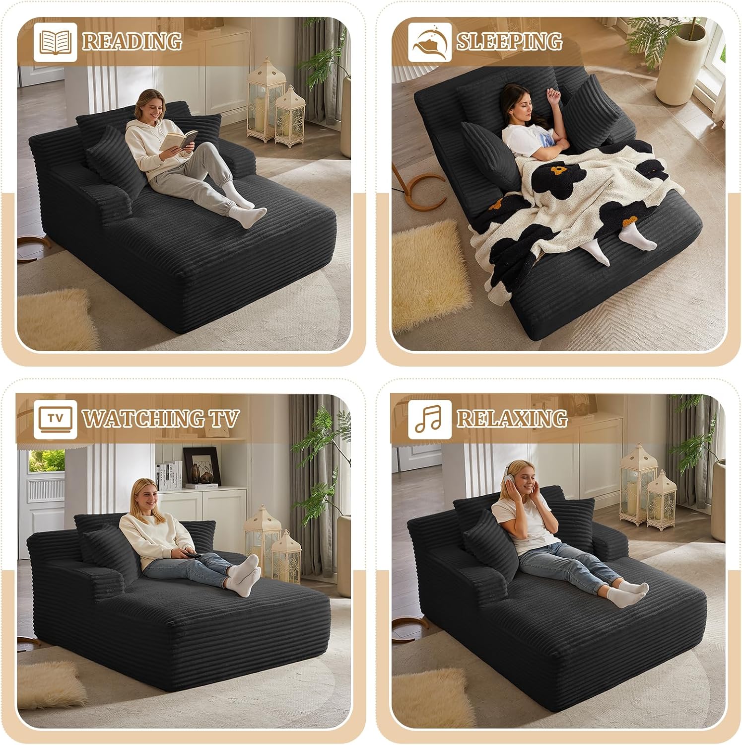 Oversized Chaise Lounge Chair Indoor, 66' Cloud Boneless Sleeper Couch Corduroy Upholstered Sofa Bed Deep Seat Comfy Reading Chair with 3 Pillows for Living Room Bedroom, Black