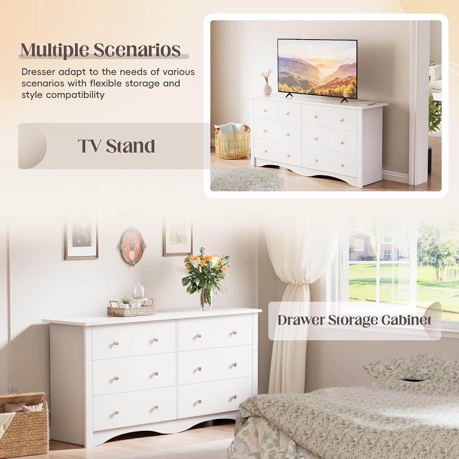 JUMMICO Dresser for Bedroom, 6 Wood Dresser Drawers, Wide Chest of Drawers, TV Stand, Modern Design for Bedroom, Living Room, Hallway, Entryway (White)