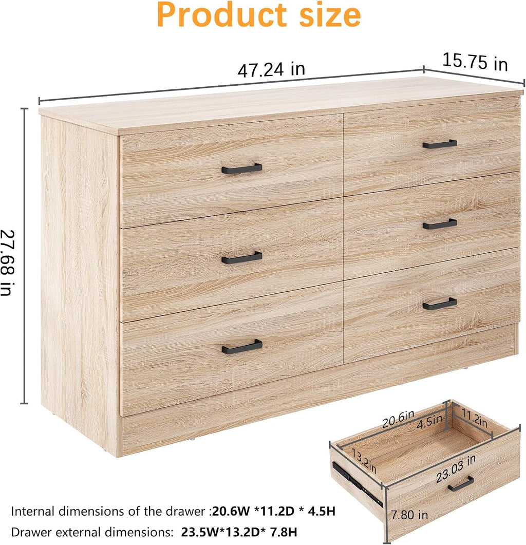 Bigbiglife Dresser for Bedroom, 6 Drawer Double Dresser, Modern Chest of Drawers with Deep Drawers, TV Stand Large Storage Organizer for Living Room, Closet (Light Oak)