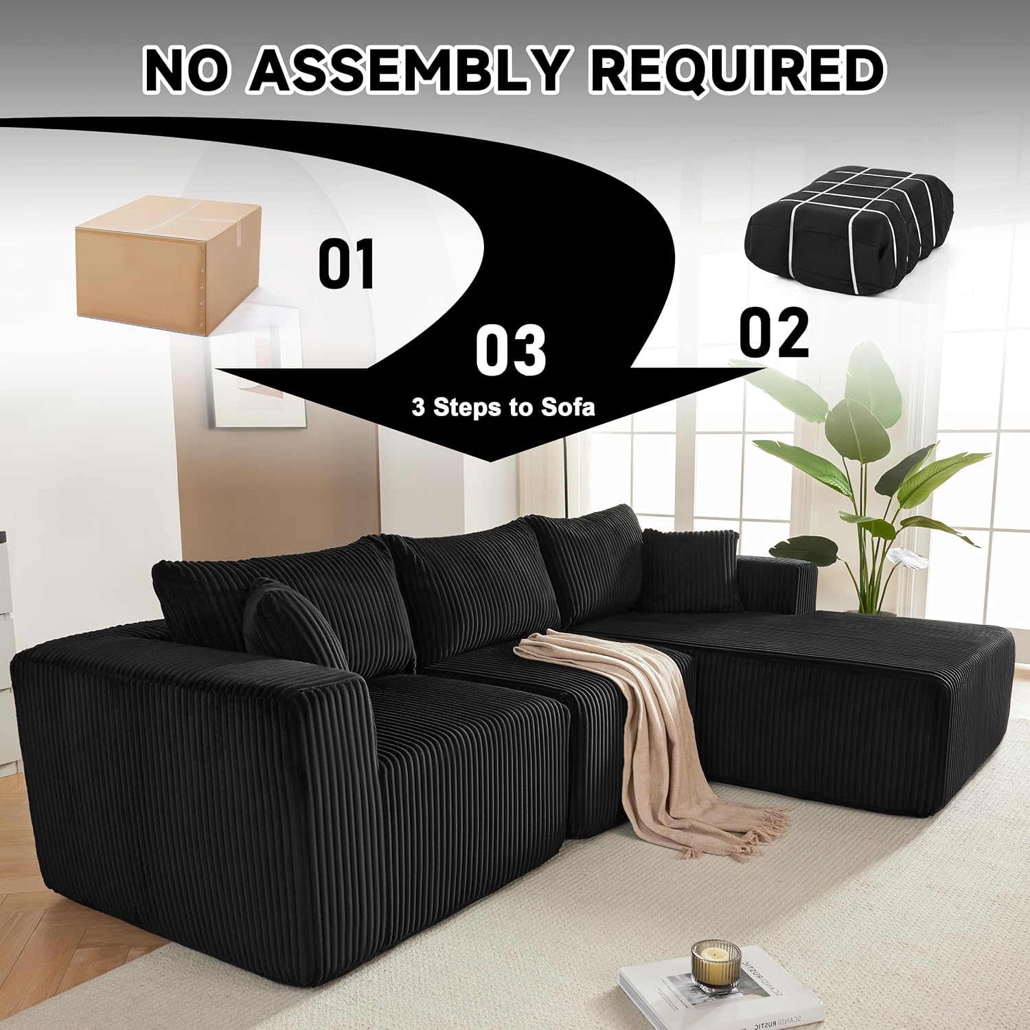 97' Boneless Couches for Living Room, Cloud Couch Sectional with Deep Seat, Comfy Couch with L-Shaped Chaise, Minimalist Upholstered Modular Sectional Sofa, No Assembly (Corduroy,Black)