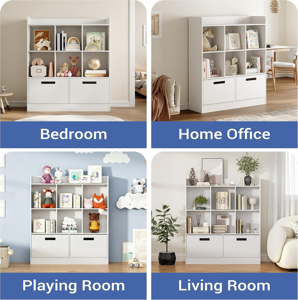 Housoul 8 Cube Kids Bookshelf with Fabric Drawers, 3-Tier Wooden Open Shelf Bookcase, Freestanding Book Shelves, Kids Bookcase Cubby Storage Organizer for Living Room, Office, White